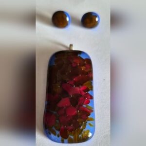 Handmade Glass Pendant And Earrings in Blue and Red